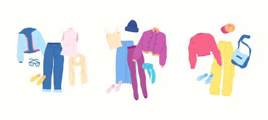 Cartoon Clothes Female Casual Combo Set Concept Flat Design Style Isolated on a White Background. Vector illustration