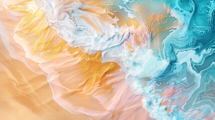 A dreamy fluid art painting, where soft pastel waves meet golden sands, creating a serene beach...