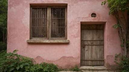 Fototapeta na wymiar Weathered wooden door stands to right of window with rusted bars on pink stucco wall. Wall cracked, faded, showing its age. Lush green plants grow at base of wall, adding touch of life to scene.