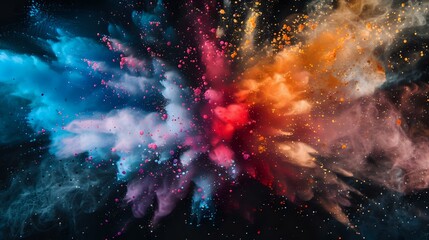 Bright Color Explosion Multicolored Paint Burst on Black Background - Abstract Dust Splash