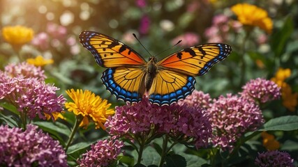 Obraz premium Butterfly with wings spread wide open rests on cluster of small pink flowers. Insect's wings vibrant orange color with black veins, border of blue, black dots. Flowers surrounded by lush green leaves.