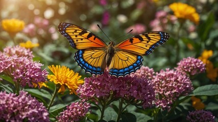 Butterfly with wings spread wide open rests on cluster of small pink flowers. Insect's wings vibrant orange color with black veins, border of blue, black dots. Flowers surrounded by lush green leaves.