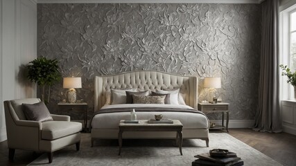 Large bed with tufted headboard sits against wall covered in textured floral wallpaper. Bed covered in white linens, topped with several pillows in varying shades of white, gold.