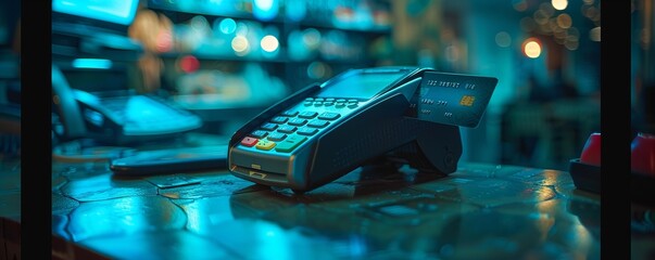 Wireless payment with a blue credit card on a terminal