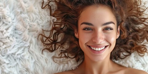 Fototapeta premium Joyful woman lying on a fluffy white surface with a bright smile