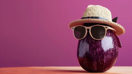 Sleek Eggplant with Sunglasses and Trilby Hat, Room for Text Overlay