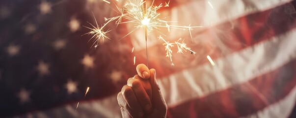 Happy 4th of July Independence Day, Hand holding Sparkler fireworks USA celebration with American flag background.