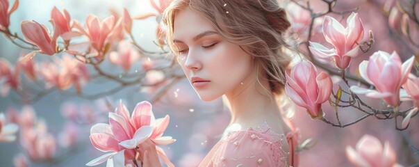 woman in pink dress holding magnolia flowers on branch near blooming bush - Powered by Adobe