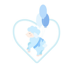 A little sheep flying on balloons. Vector child illustration for baby boy, newborn, birthday, gender party.