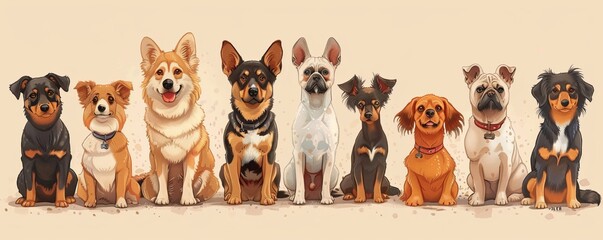 Group portrait of dogs of various shapes, sizes, and breeds. Stray pets with happy expression waiting for adoption