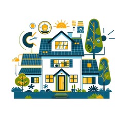 smart sustainable house technical schematic illustration with a simple and clean design in blue and green on white background
