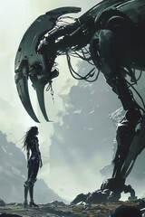 A girl standing in front of a giant robot. The robot is made of metal and has a lot of wires. The girl is wearing a black suit. The background is a rocky landscape.