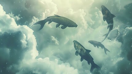 Fototapeta premium fishes falling from clouds instead of water