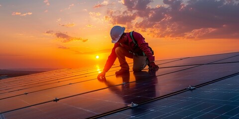 anonymous male worker in protective helmet and uniform working on roof with solar panels against sunset sky - Powered by Adobe