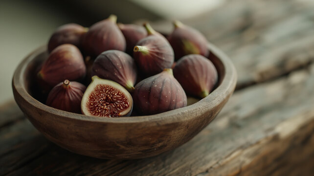 Uma tigela de madeira com figos sobre uma mesa de madeira r&uacute;stica