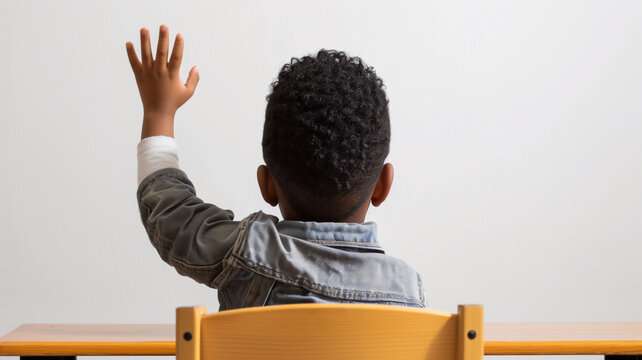 Um garoto negro de costas levantando a m&atilde;o em uma sala de aula