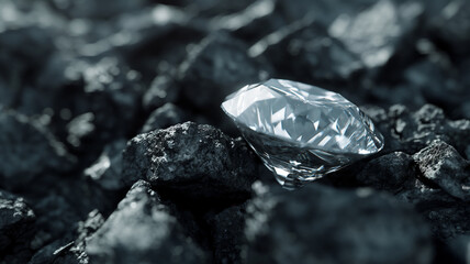 close up de um diamante lapidado e brilhante em meio a pedaços de carvão