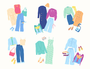 Cartoon Clothes Female Spring Combo Set Concept Flat Design Style Isolated on a White Background. Vector illustration