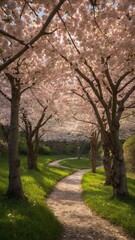 Fototapeta premium Winding dirt path curves through lush green park, lined with cherry blossom trees in full bloom. Delicate pink flowers create canopy overhead, filtering sunlight, casting soft glow on scene.