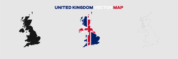 UK Map Vector Pack. Map with Flag. Gray Map Silhouette. Gray Outline Map. Editable EPS file. 