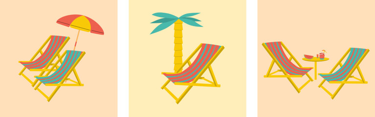 Deckchair and umbrella on the beach. Vector illustration