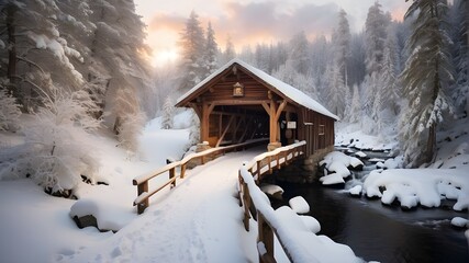 Wintertime Snow-Covered Bridge that Leads to a Cozy Cabin