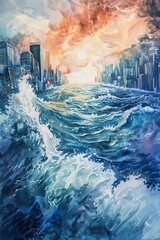 A watercolor painting of a city being flooded by a tsunami. The water is up to the tops of the buildings. The sky is dark and stormy. The painting is full of movement and energy.
