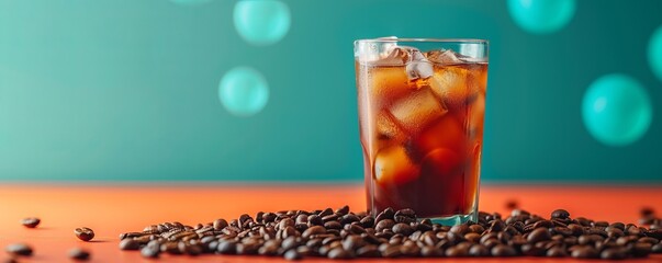 Iced americano coffee with coffee beans on color background