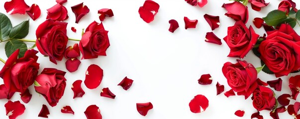 red roses flowers and petals isolated on white background. Valentine's day Floral frame composition. Empty copy text space