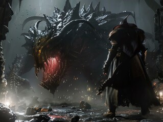A dark fantasy scene with a knight fighting a dragon. The knight is wearing black armor and the dragon is black and red.