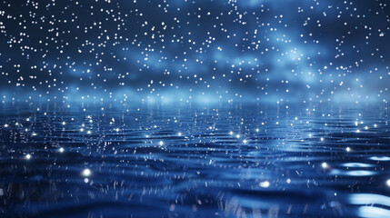 A deep blue and silver abstract background, with sparkling, defocused lights scattered across, creating an illusion of a starry night sky over a serene lake.