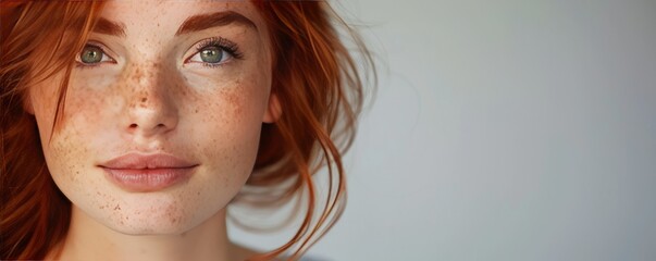 Confident young redhead woman with vivid freckles and a subtle smile
