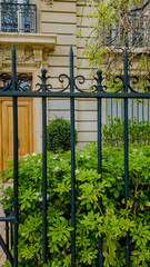 Elegant wrought iron fence with decorative elements in front of a classic European townhouse with...