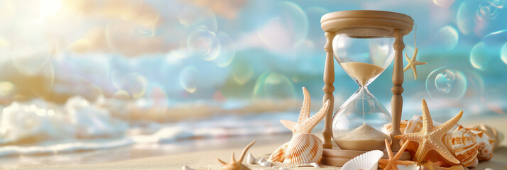 A scenic composition with an hourglass surrounded by starfish and seashells against a dreamy beach backdrop