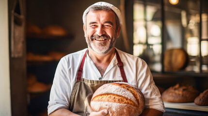 Portrait of a happy smiling baker with fragrant fresh bread in his hands. Fresh classic French pastries.