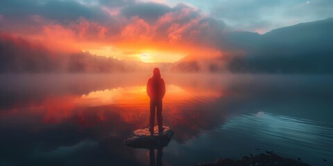 Lone wanderer witnessing sunrise over the lake