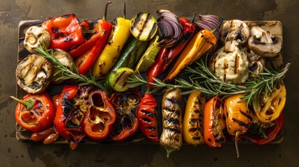 Top shot gourmet photo of an assortment of grilled vegetables, including vibrant peppers and earthy mushrooms, served with bespoke aioli, set against an immaculate background under studio lighting