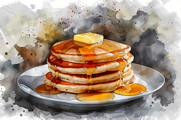 artwork showcasing a vector illustration of pancakes served with butter and syrup