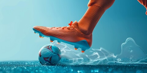 Side view of football boot kicking a soccer ball.