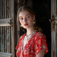 a young white lady wearing a casual batik dress in red colour