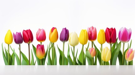 A row of colorful tulips are arranged in a line