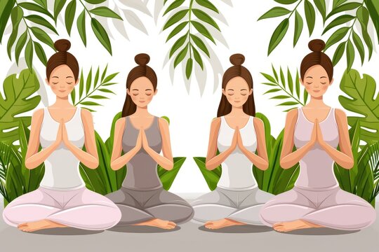 Multiple women are seated in a lotus position, focusing on meditation and mindfulness