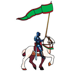 A knight with spear and banner mounted on a powerful horse. knight on a running horse 