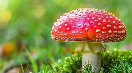   A tight shot of a scarlet mushroom atop mossy terrain, sporting tiny yellow specks on its cap