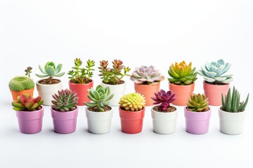 A row of potted plants with different colors and sizes