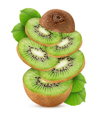 Kiwi fruit slice with green leaf flying in the air