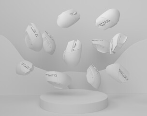 Set of computer mouses from gamer workspace on monochrome podium