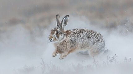 Obraz premium A brown and white rabbit dashes through a foggy field Grass and bushes populate the foreground, while trees stand in the background