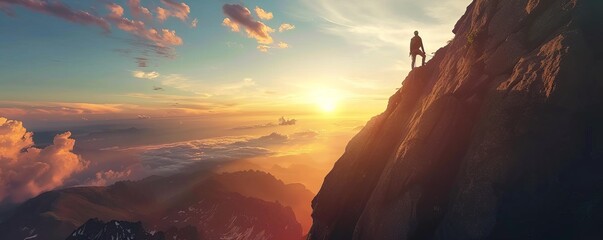one person climbing a mountain in the peak at sunset enjoying the views