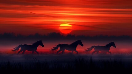   A group of horses gallops in a field as the sun sets in the background